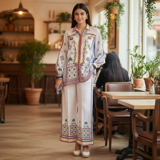 Woman wearing Ivory Multicolor Printed Co Ord Set by House of Majisha in a café setting