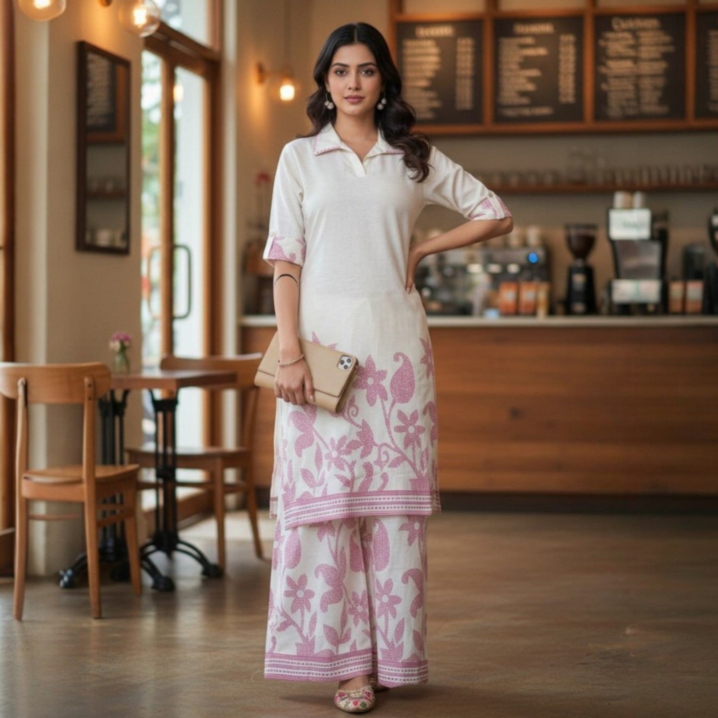 Woman in an ivory pink floral cotton flex co ord set from House of Majisha, standing in a café wearing a white kurta with pink floral prints and matching wide leg pants.