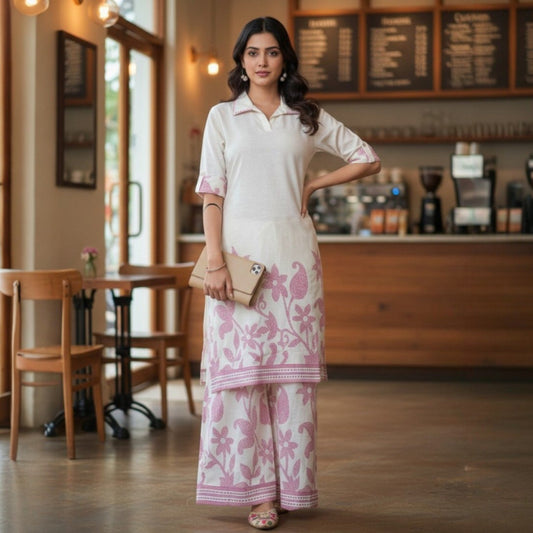 Woman in an ivory pink floral cotton flex co ord set from House of Majisha, standing in a café wearing a white kurta with pink floral prints and matching wide leg pants.