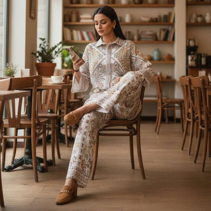 Woman wearing ivory vintage paisley printed co ord set with straight kurta and wide pants from house of majisha.