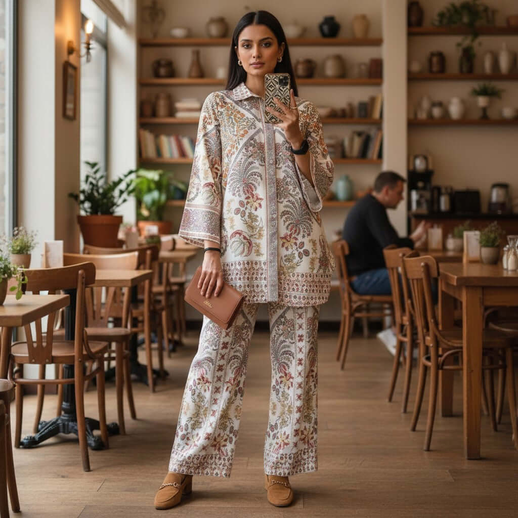 Woman wearing ivory vintage paisley printed co ord set with straight kurta and wide pants from house of majisha.