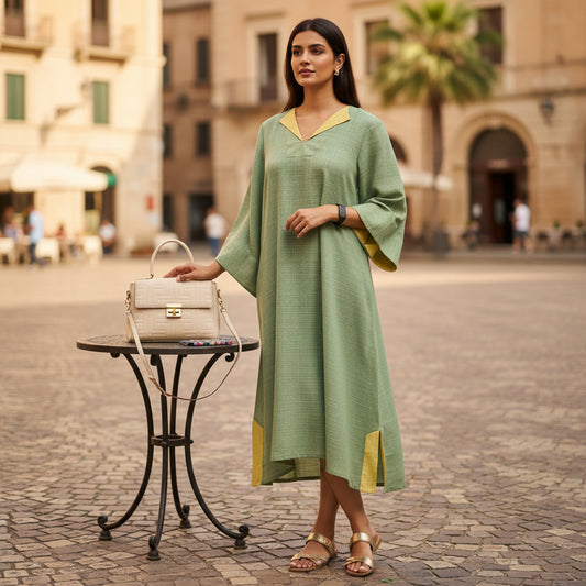 Kaftan Dress by House of Majisha, relaxed sage green kaftan with mustard yellow contrast collar and slits, kimono sleeves, worn with flats and styled with a beige handbag in a cobblestone city square.