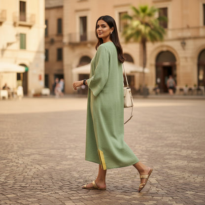 Kaftan Dress by House of Majisha, relaxed sage green kaftan with mustard yellow contrast collar and slits, kimono sleeves, worn with flats and styled with a beige handbag in a cobblestone city square.