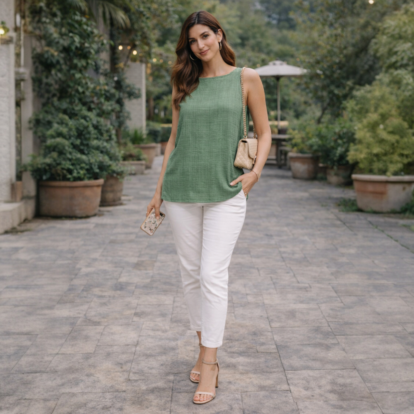 Model wearing Linen Co-Ord Set Green by House of Majisha – sleeveless green linen top with white pants, casual street style.