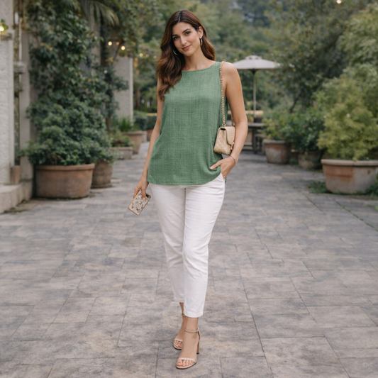 Model wearing Linen Co-Ord Set Green by House of Majisha – sleeveless green linen top with white pants, casual street style.
