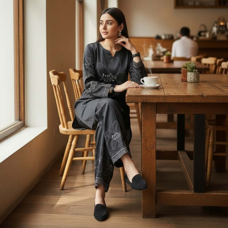 Woman in a midnight bloom co ord set from House of Majisha, sitting in a café wearing a black floral printed kurta with matching pants.