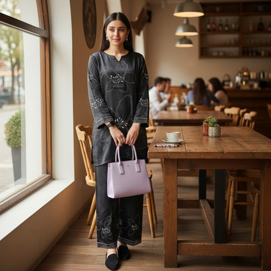 Woman in a midnight bloom co ord set from House of Majisha, standing in a café wearing a black floral printed kurta with matching pants.