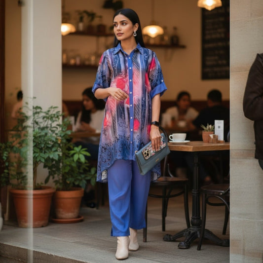 Woman wearing blue ombre printed co ord set with floral patterns and straight pants from house of majisha.