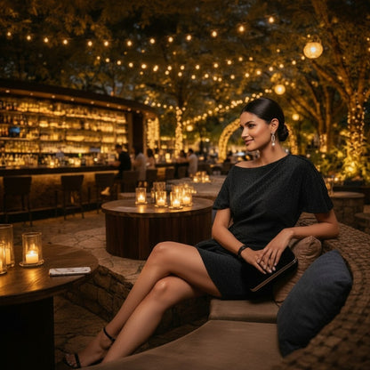 Woman in a black bodycon dress from House of Majisha, sitting in an outdoor evening lounge with warm decorative lights and a bar in the background.