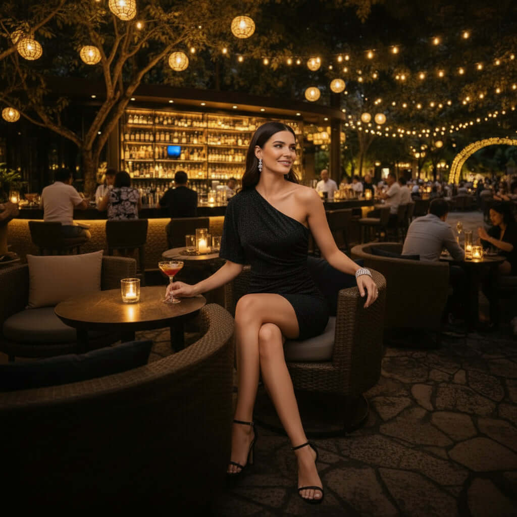 Model wearing Midnight One Shoulder Bodycon Dress from House Of Majisha, seated at a bar with a cocktail in hand, glowing ambiance of lights.