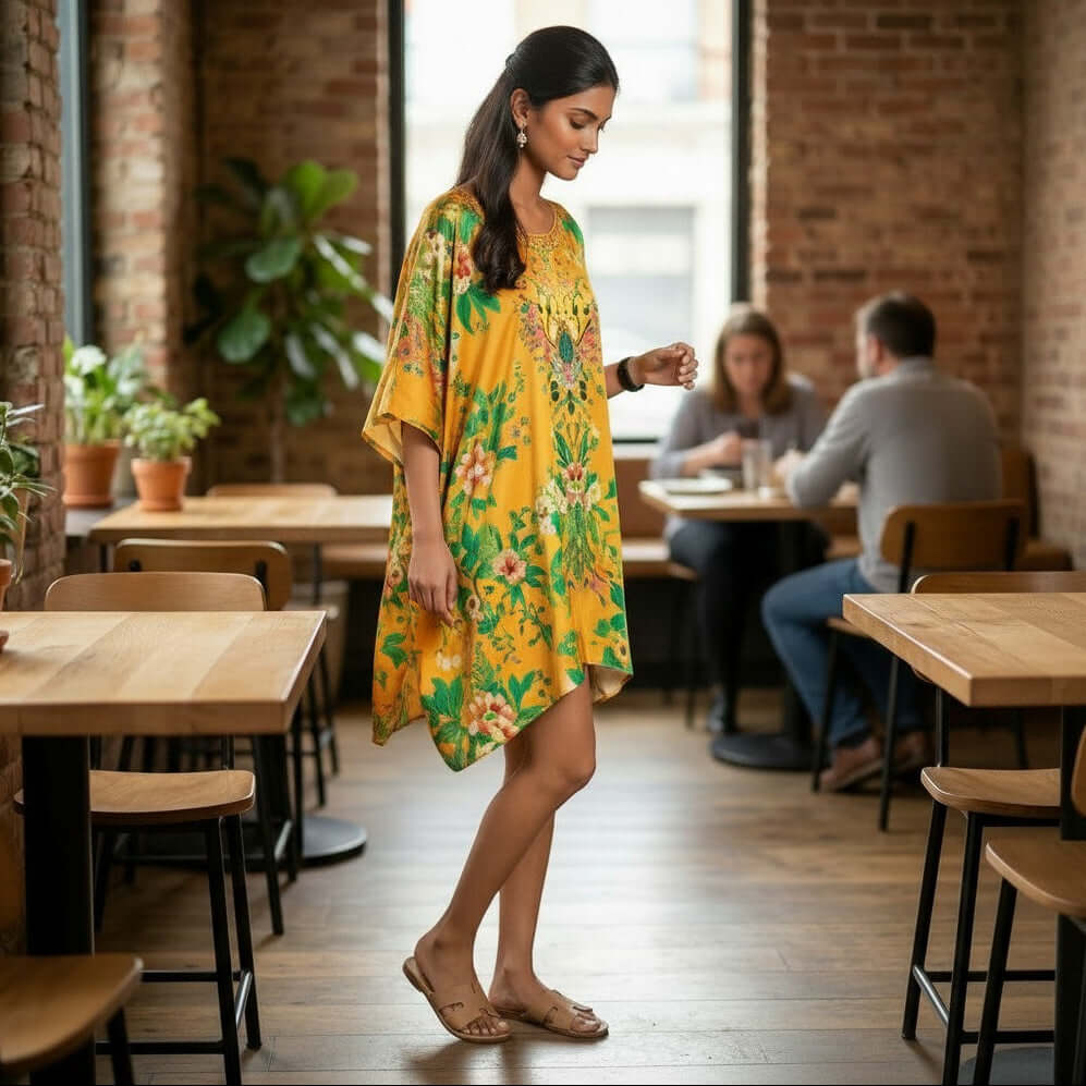 Woman wearing Mustard Floral Digital Print Kaftan Dress in feather silk fabric from house of majisha.