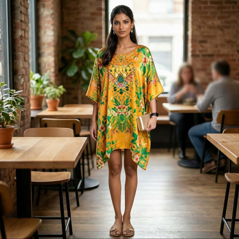Woman wearing Mustard Floral Digital Print Kaftan Dress dress in feather silk fabric from house of majisha.