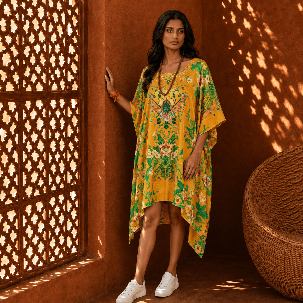 Woman in a house of majisha yellow floral dress standing against a textured wall with lattice shadows.