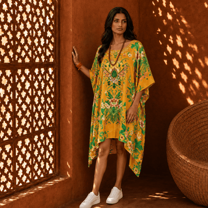Woman in a house of majisha yellow floral dress standing against a textured wall with lattice shadows.