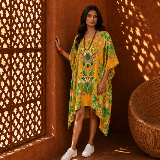 Woman in a house of majisha yellow floral dress standing against a textured wall with lattice shadows.
