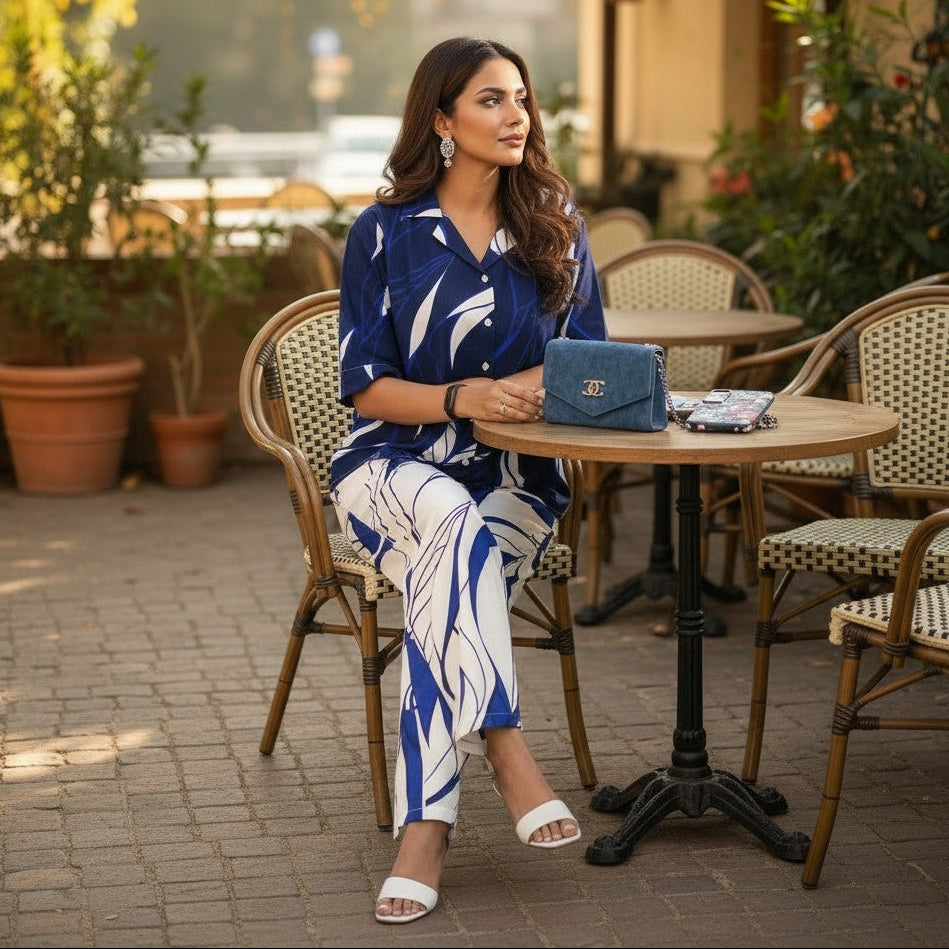Woman wearing navy blue abstract leaf printed co ord set with matching shirt and pants.
