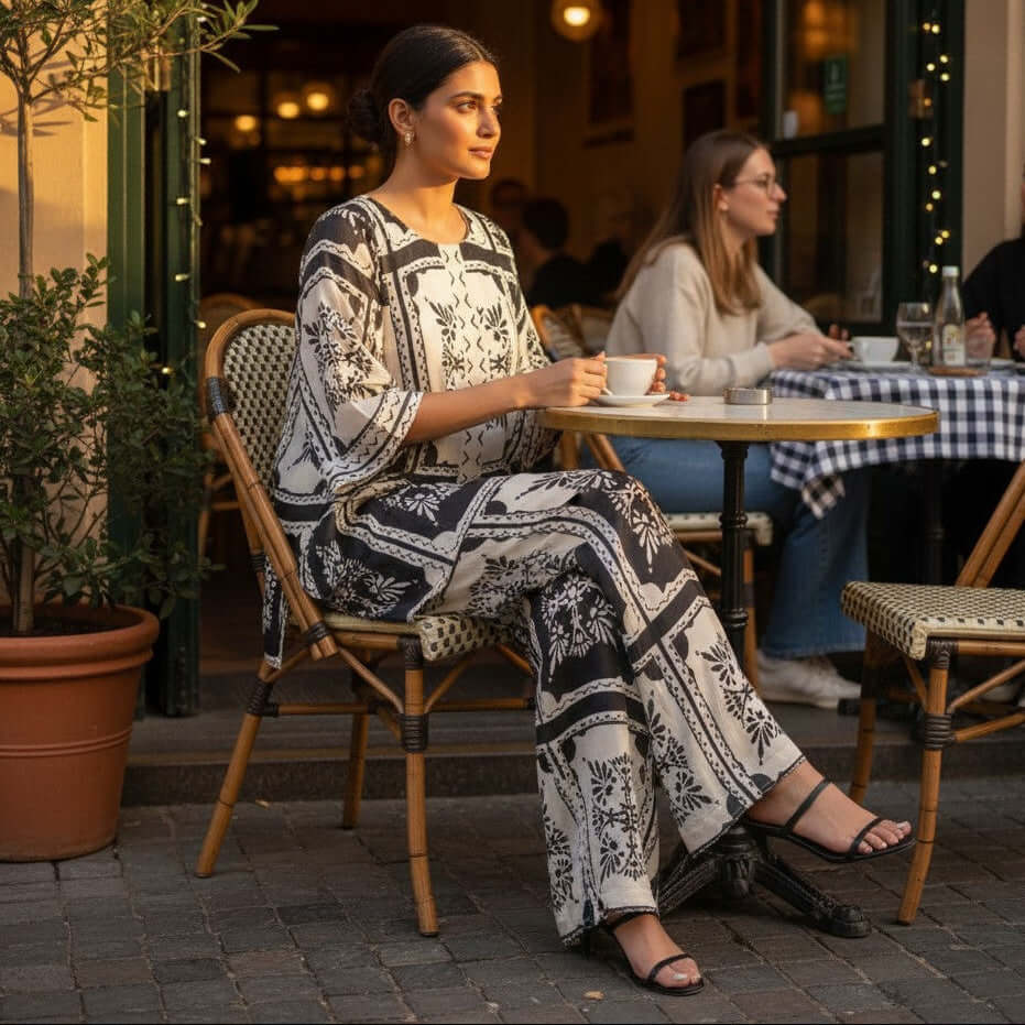 Woman sitting at an outdoor cafe table wearing coord set from House of Majisha, holding a cup.