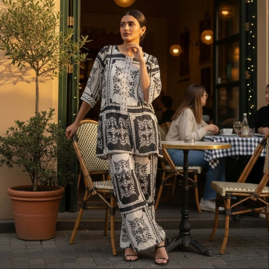 Woman in a noir mosaic co ord set from House of Majisha, standing outside a café in a black and ivory printed top and wide leg pants.