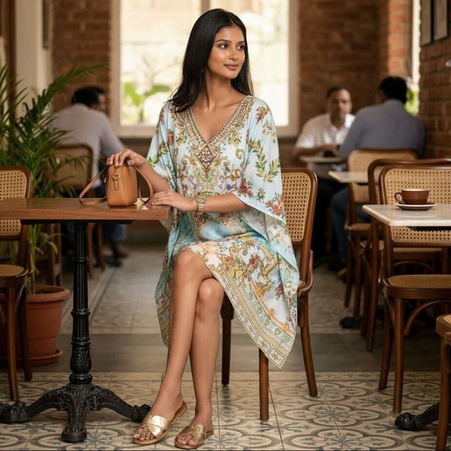 Woman wearing Pastel Royale Digital Print Kaftan dress with floral and baroque motifs in poly feather silk fabric from house of majisha.