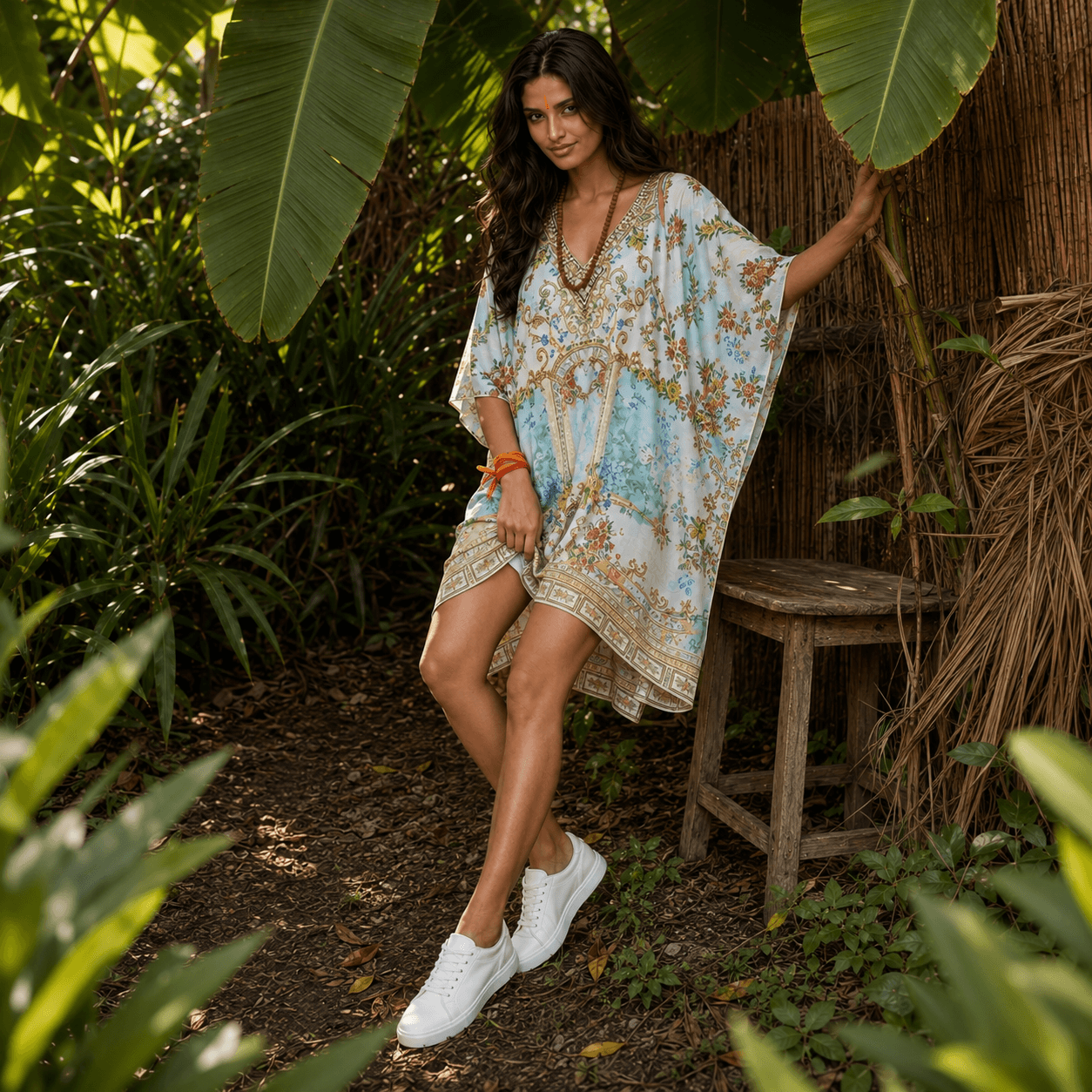 Woman in a house of majisha floral kaftan dress standing in a tropical setting with plants and a wooden stool.