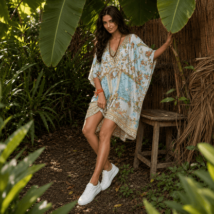 Woman in a house of majisha floral kaftan dress standing in a tropical setting with plants and a wooden stool.