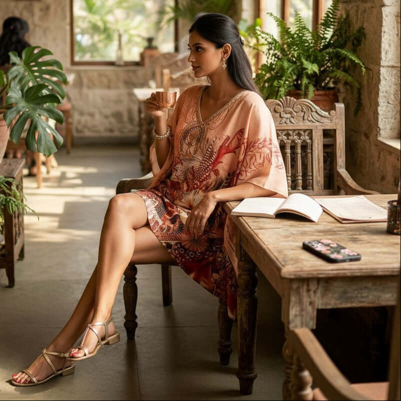 Woman wearing Peach Botanical Digital Print Kaftan with botanical patterns in poly feather silk fabric from house of majisha.