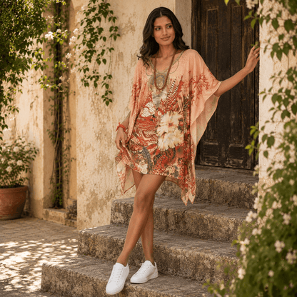 Woman in a house of majisha floral kaftan dress standing on stone steps with greenery around.