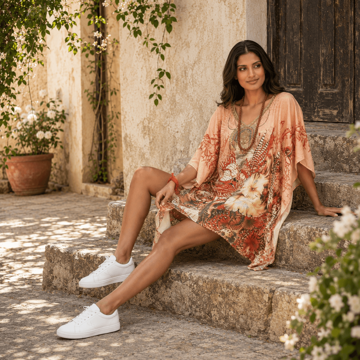 Woman sitting on stone steps wearing  a house of majisha floral kaftan dress and white sneakers, with a rustic building and plants in the background.