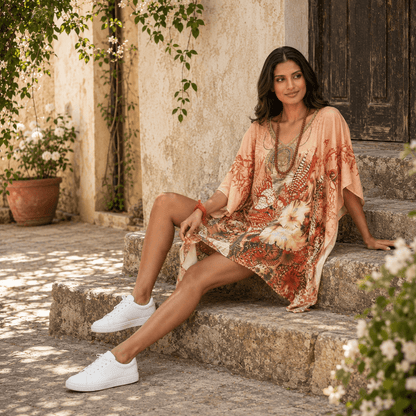 Woman sitting on stone steps wearing  a house of majisha floral kaftan dress and white sneakers, with a rustic building and plants in the background.