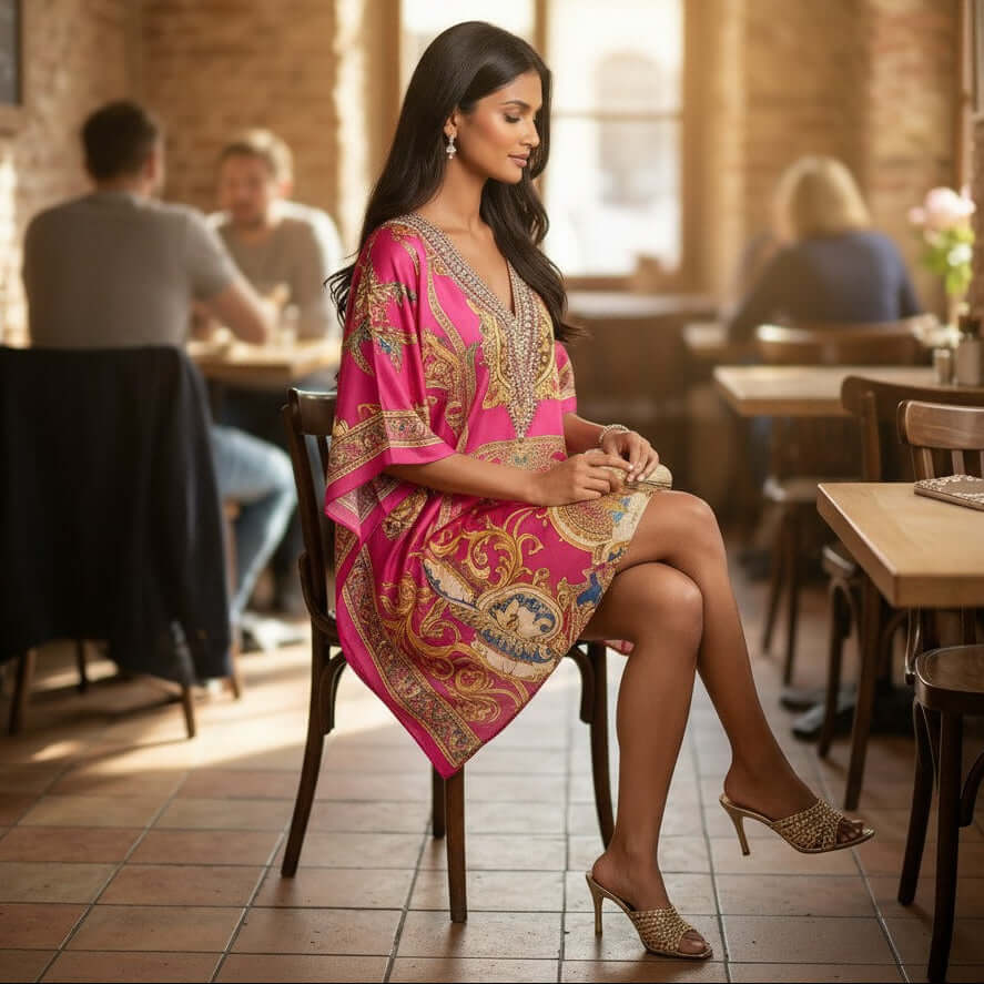 Woman wearing pink digital print kaftan dress in feather silk fabric from house of majisha.