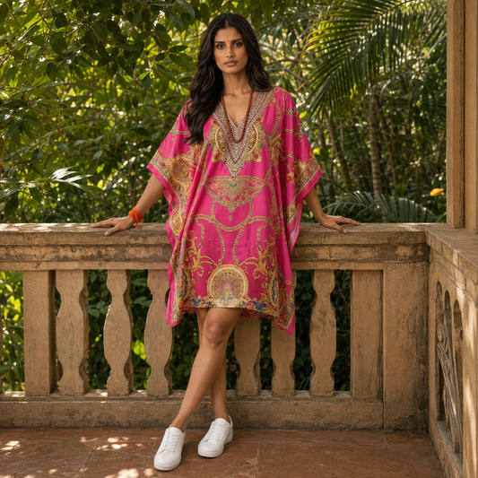 Woman wearing a pink and gold patterned kaftan from house of majisha standing on a stone balcony with greenery in the background.