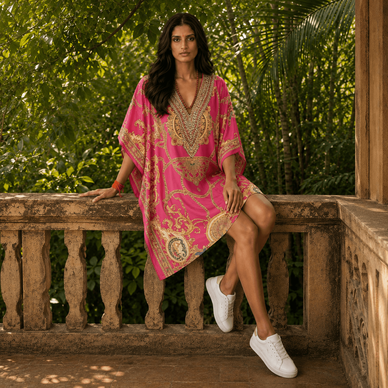 Woman in a pink dress with gold patterns kaftan from house of majisha  sitting on a stone railing outdoors.