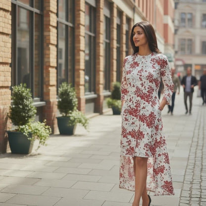 Cherry Bloom Trail Dress from House of Majisha – ivory jacquard with red floral print, high-low hem, and front button closure worn outdoors