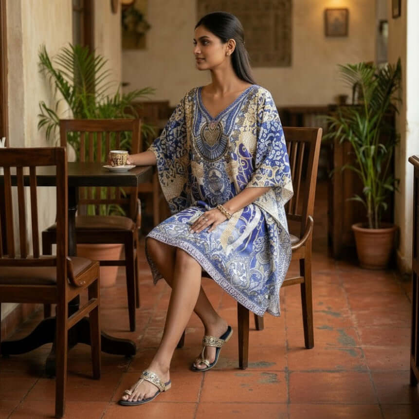 Woman wearing Royal Blue Ornate Digital Print Kaftan Dress with gold ornamental patterns in poly feather silk fabric from house of majisha.