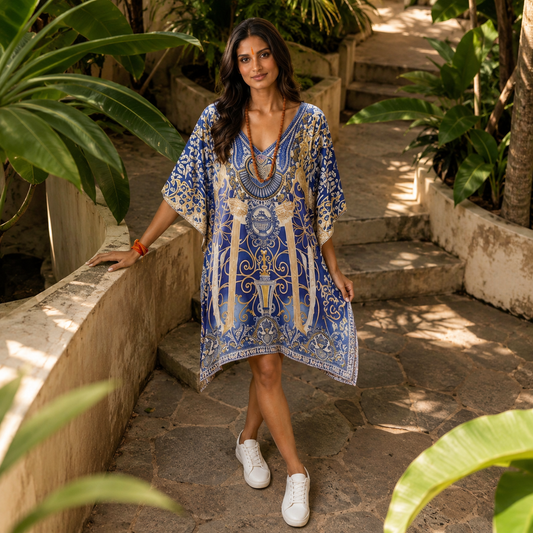 Woman in a house of majisha blue patterned kaftan dress standing in a garden setting