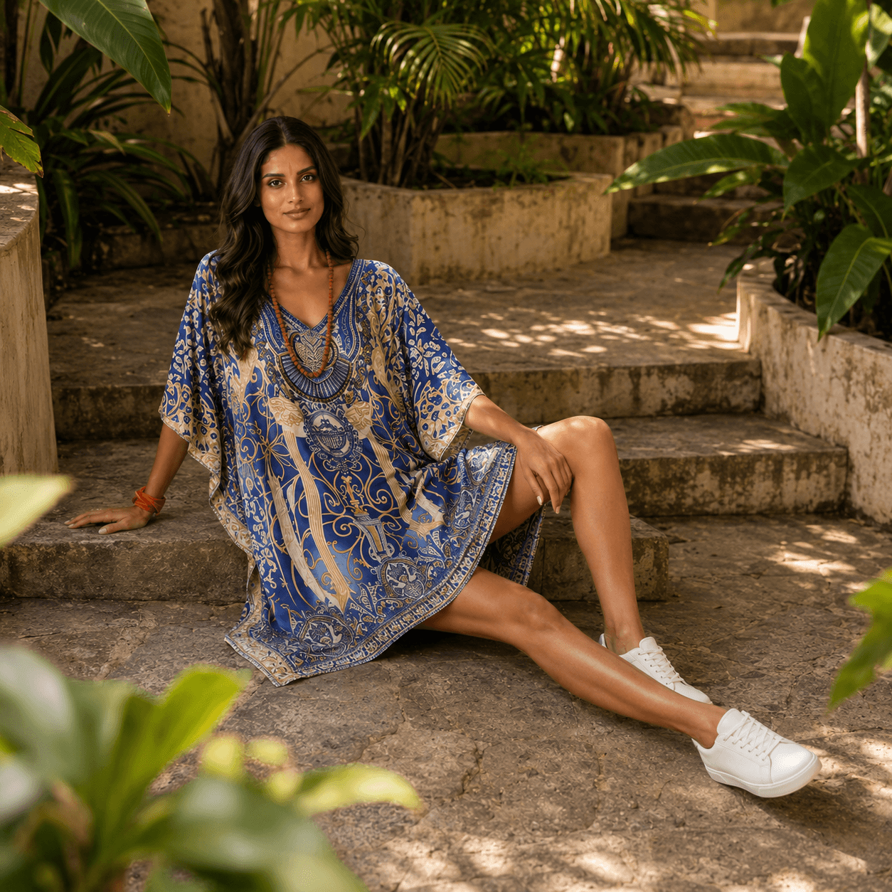 Woman in a house of majisha blue patterned kaftan dress sitting on stone steps surrounded by greenery.