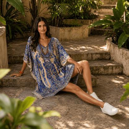 Woman in a house of majisha blue patterned kaftan dress sitting on stone steps surrounded by greenery.