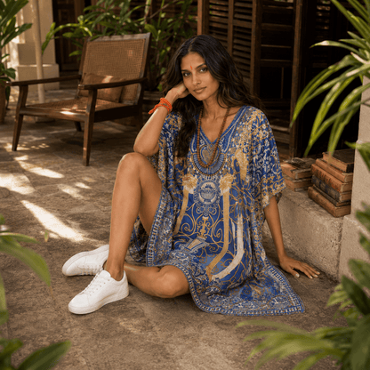 Woman in a house of majisha blue patterned kaftan dress sitting on a stone floor with plants around.