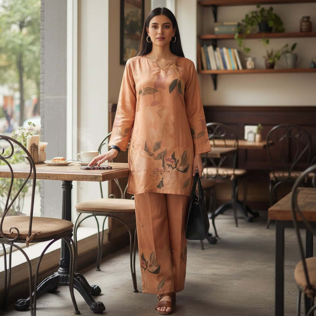 Woman in a rust leaf co ord set from House of Majisha, standing inside a café wearing a brown printed kurta with matching pants.
