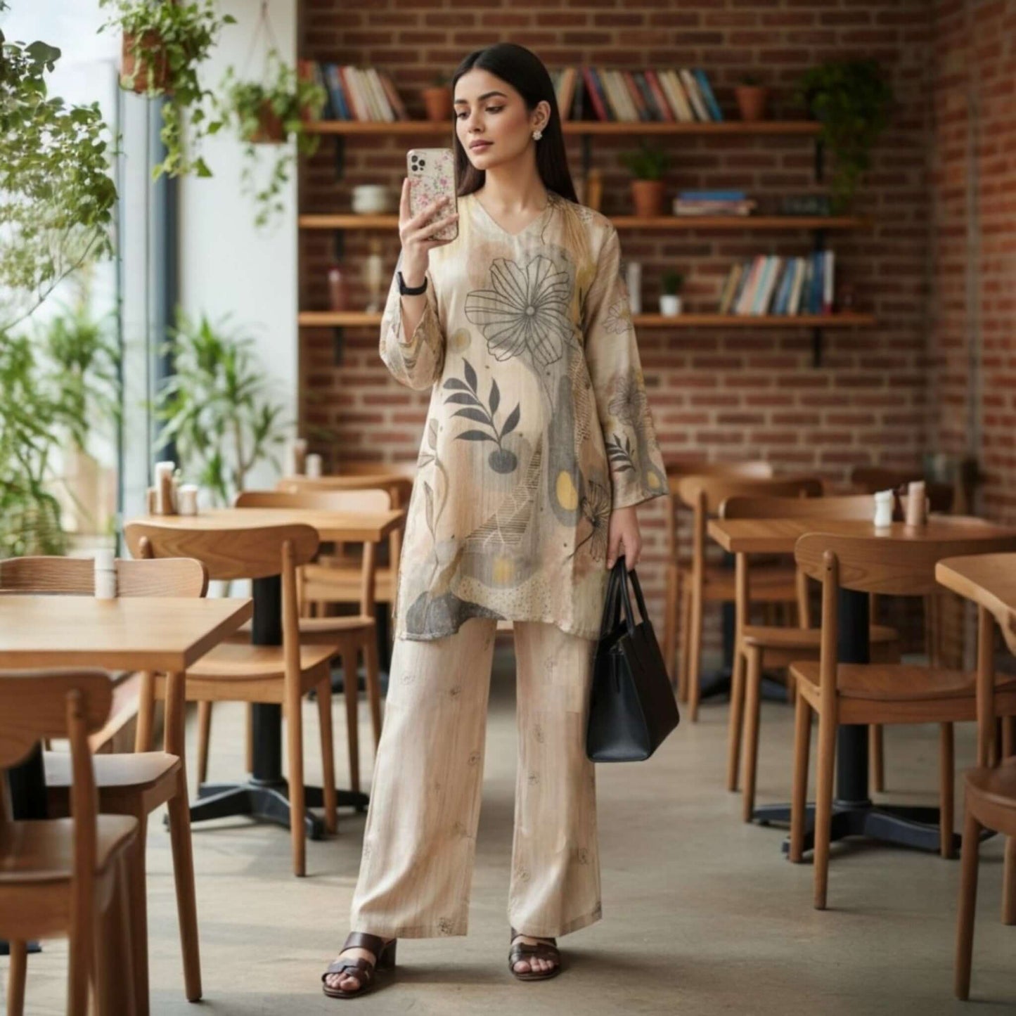 Woman in a sand dune abstract co ord set from House of Majisha, standing in a café wearing a beige printed kurta with wide leg pants.