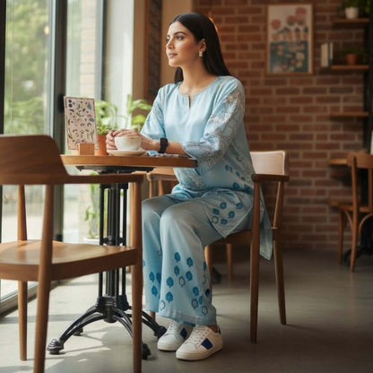 Woman sitting at a table in a cafe, wearing a Sky Botanical Co Ord Set from House Of Majisha.