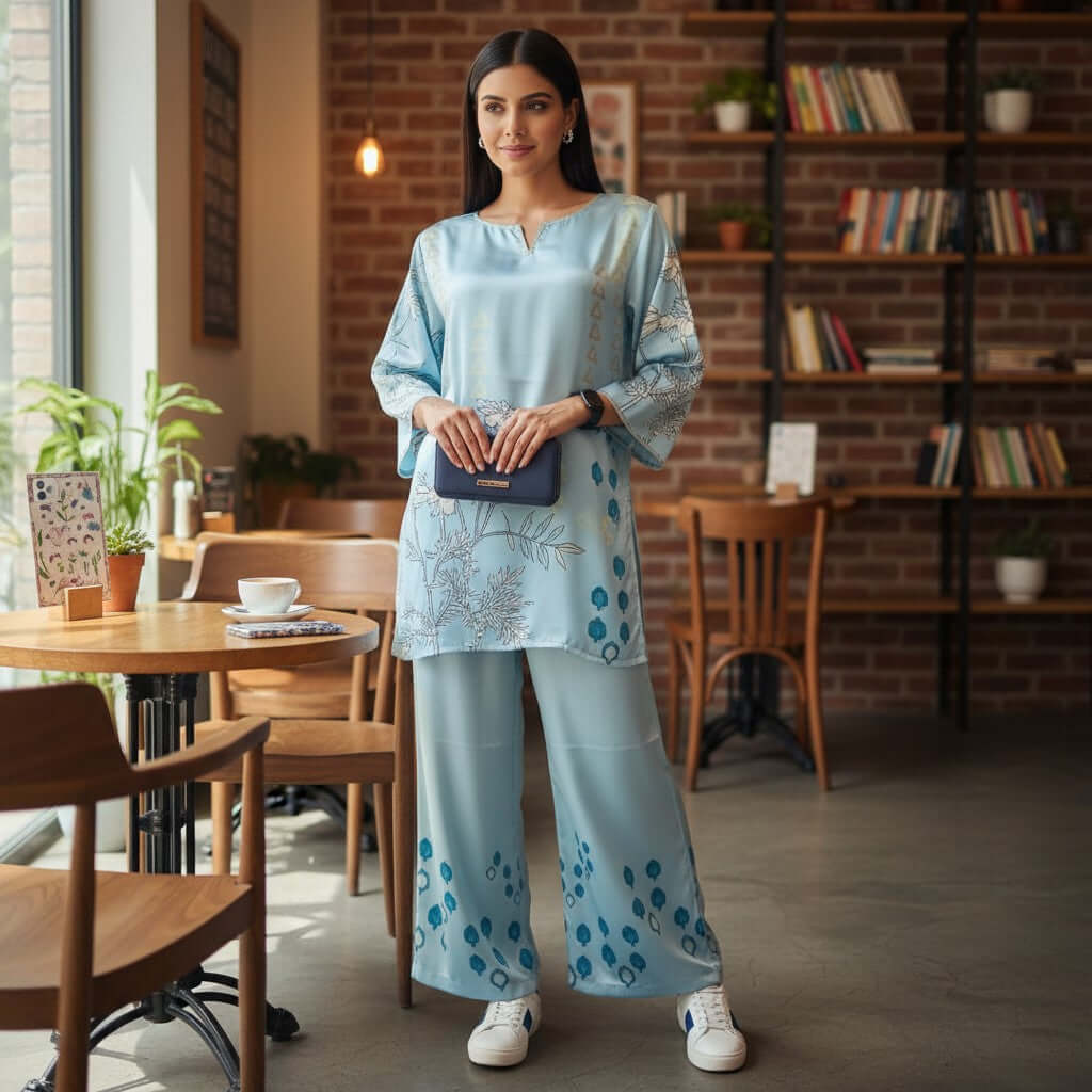 Woman in a sky botanical co ord set from House of Majisha, standing inside a café wearing a blue printed kurta and wide leg pants.