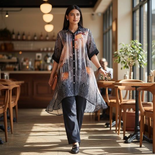 Woman wearing Smoky Bloom Sheer Co Ord Set by House of Majisha, a sheer georgette silk printed top with button front, collar neckline, high low hem, and dark straight pants in a café setting.