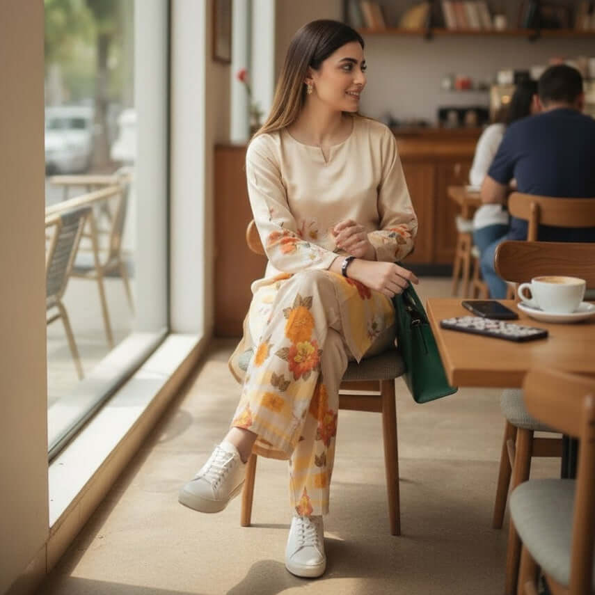 Woman in a sunlit bloom co ord set from House of Majisha, sitting in a café wearing a beige floral printed kurta with matching pants.