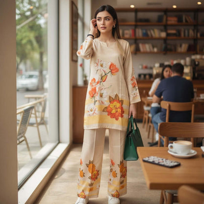 Woman in a sunlit bloom co ord set from House of Majisha, standing in a café wearing a beige floral printed kurta with matching pants.
