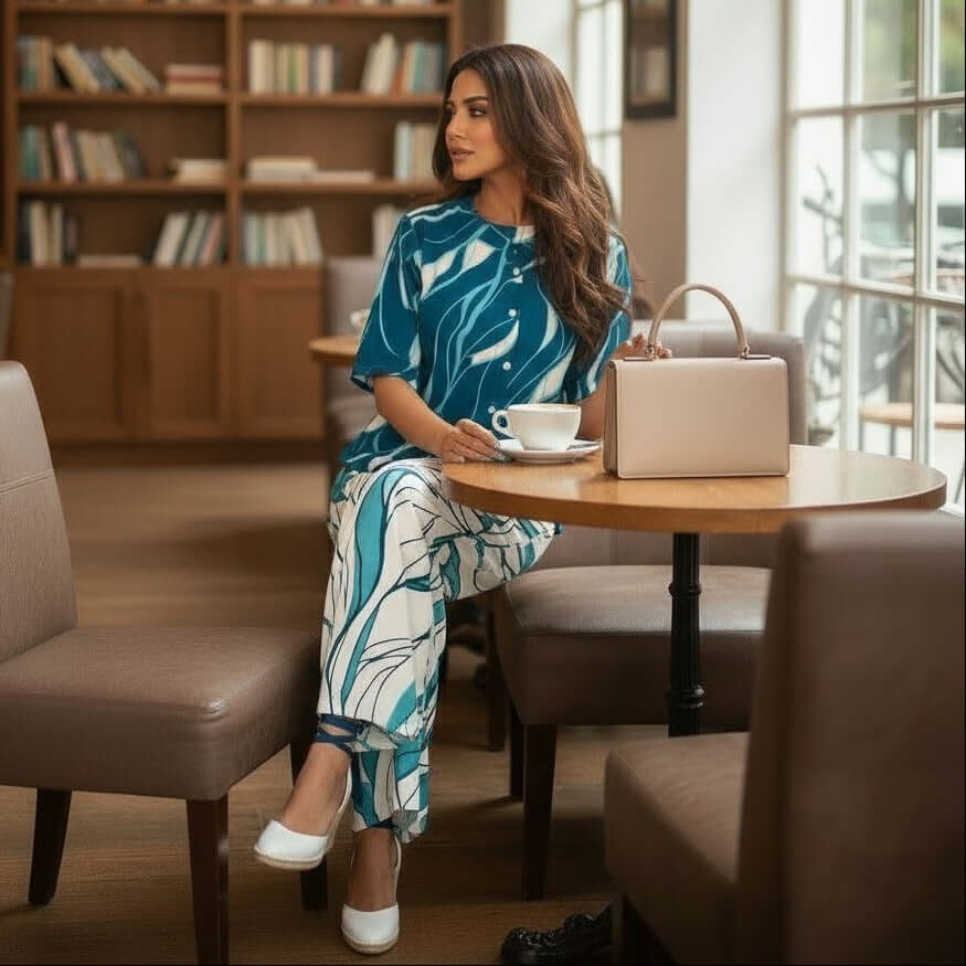 Woman wearing Teal Abstract Leaf Co Ord Set with matching top and pants by House of Majisha.