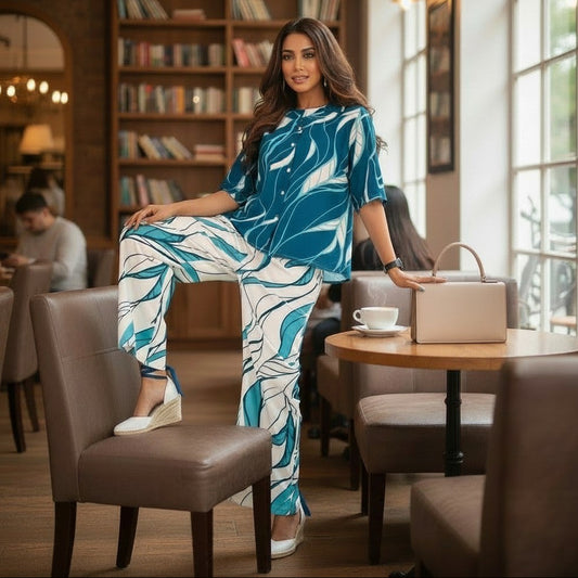Woman wearing teal abstract leaf printed co ord set with matching top and pants by House of Majisha.