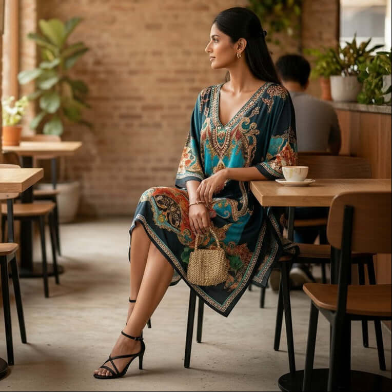 Woman wearing teal digital print kaftan dress in feather silk fabric from house of majisha.