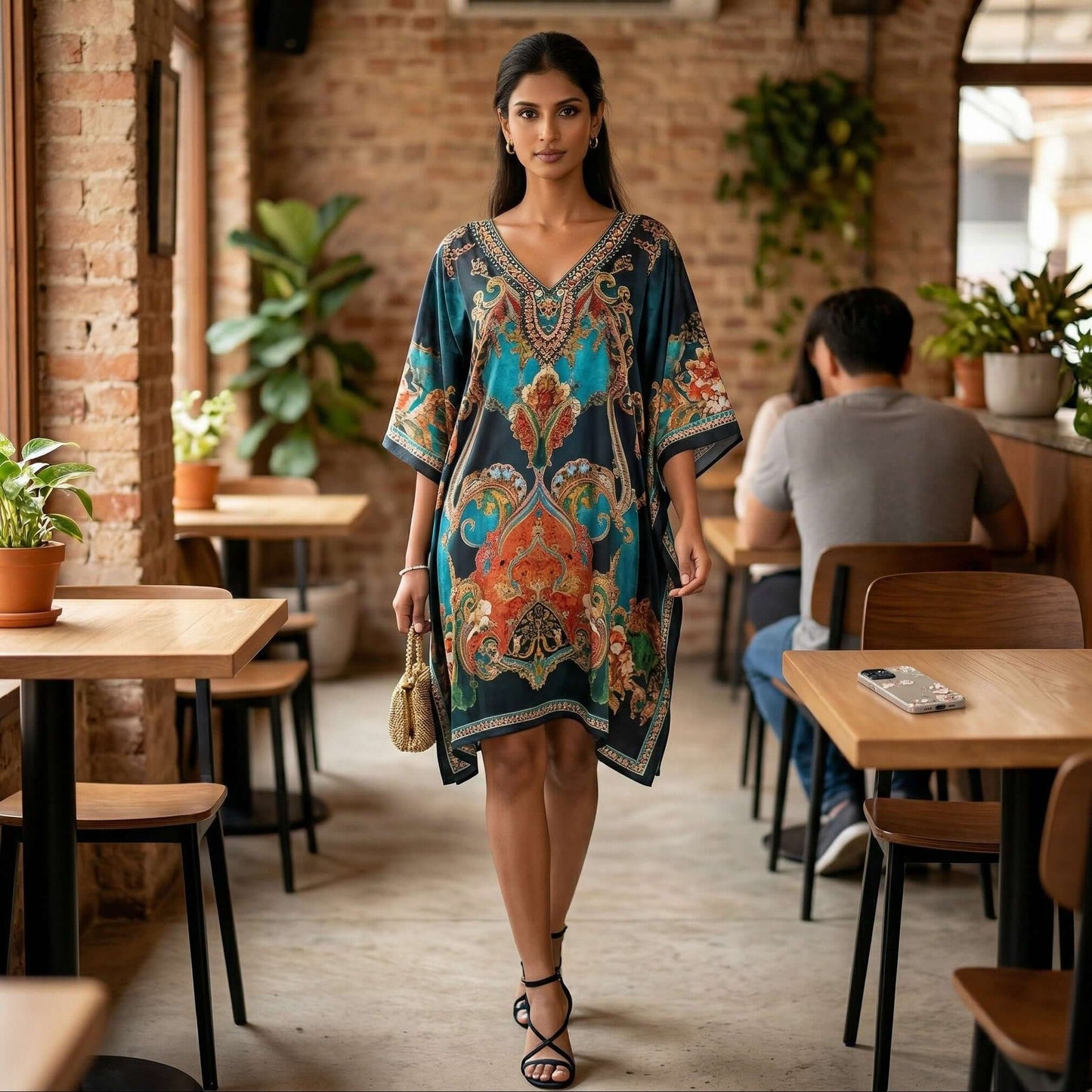 Woman wearing teal digital print kaftan dress in feather silk fabric from house of majisha.