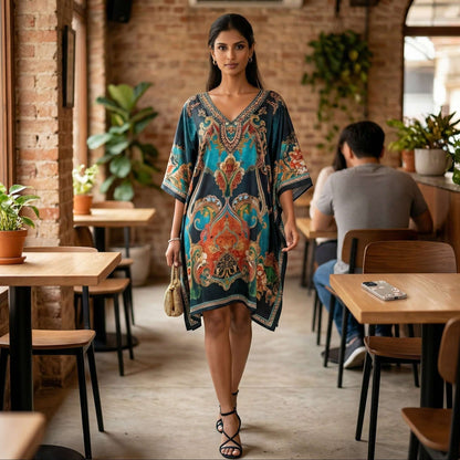 Woman wearing teal digital print kaftan dress in feather silk fabric from house of majisha.
